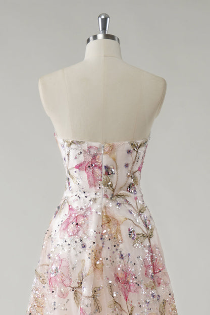 Women's Strapless Sequin Floral Prom Maxi Dress - Ivory Floral