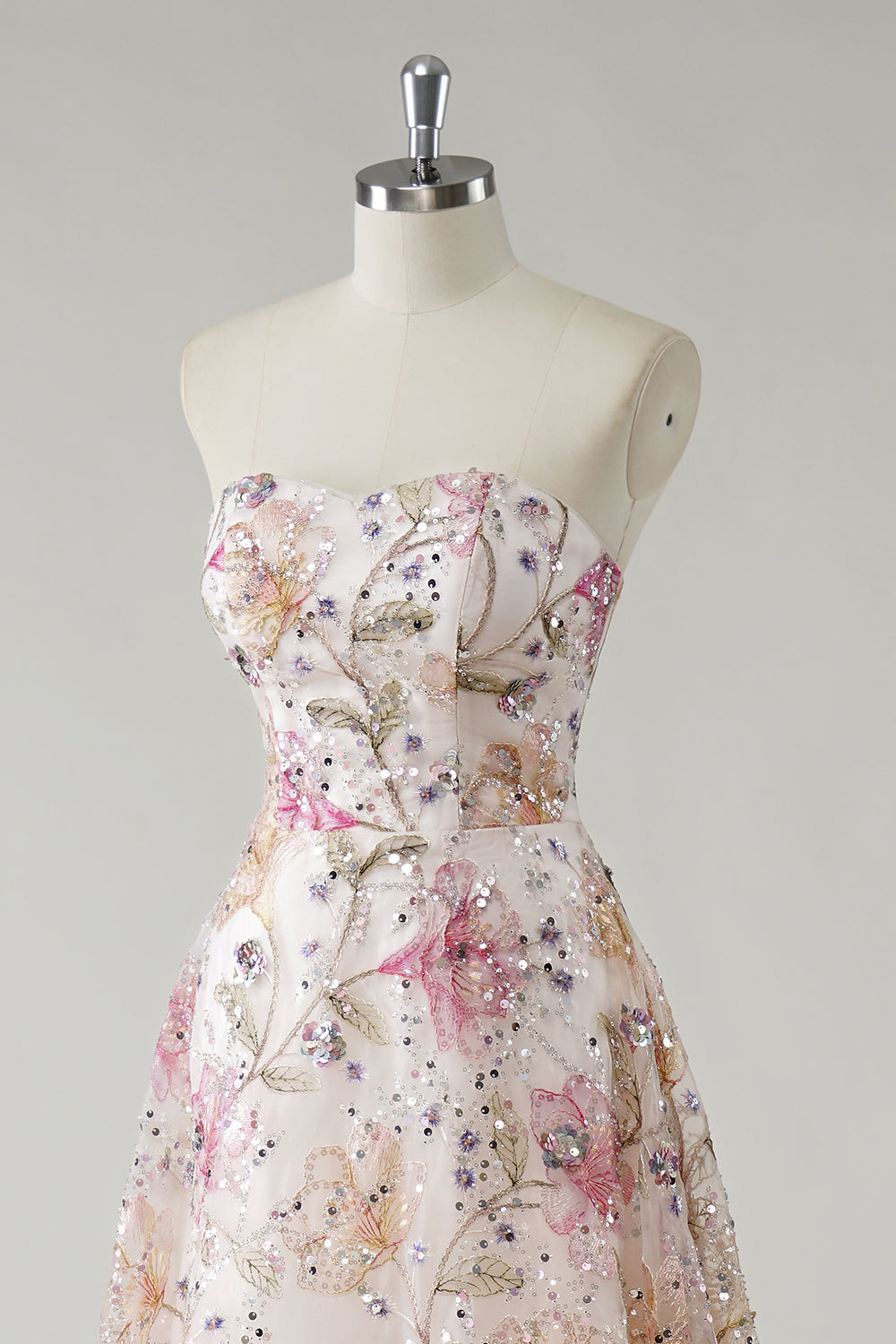 Women's Strapless Sequin Floral Prom Maxi Dress - Ivory Floral