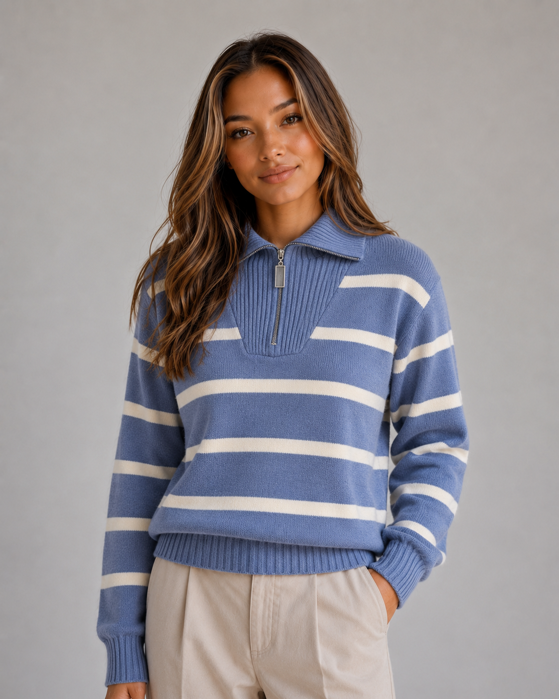 Women's Striped Half-Zip Collared Knit Sweater - Blue Stripe