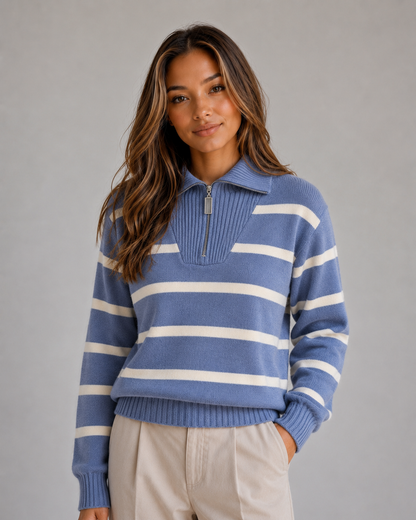 Women's Striped Half-Zip Collared Knit Sweater - Blue Stripe