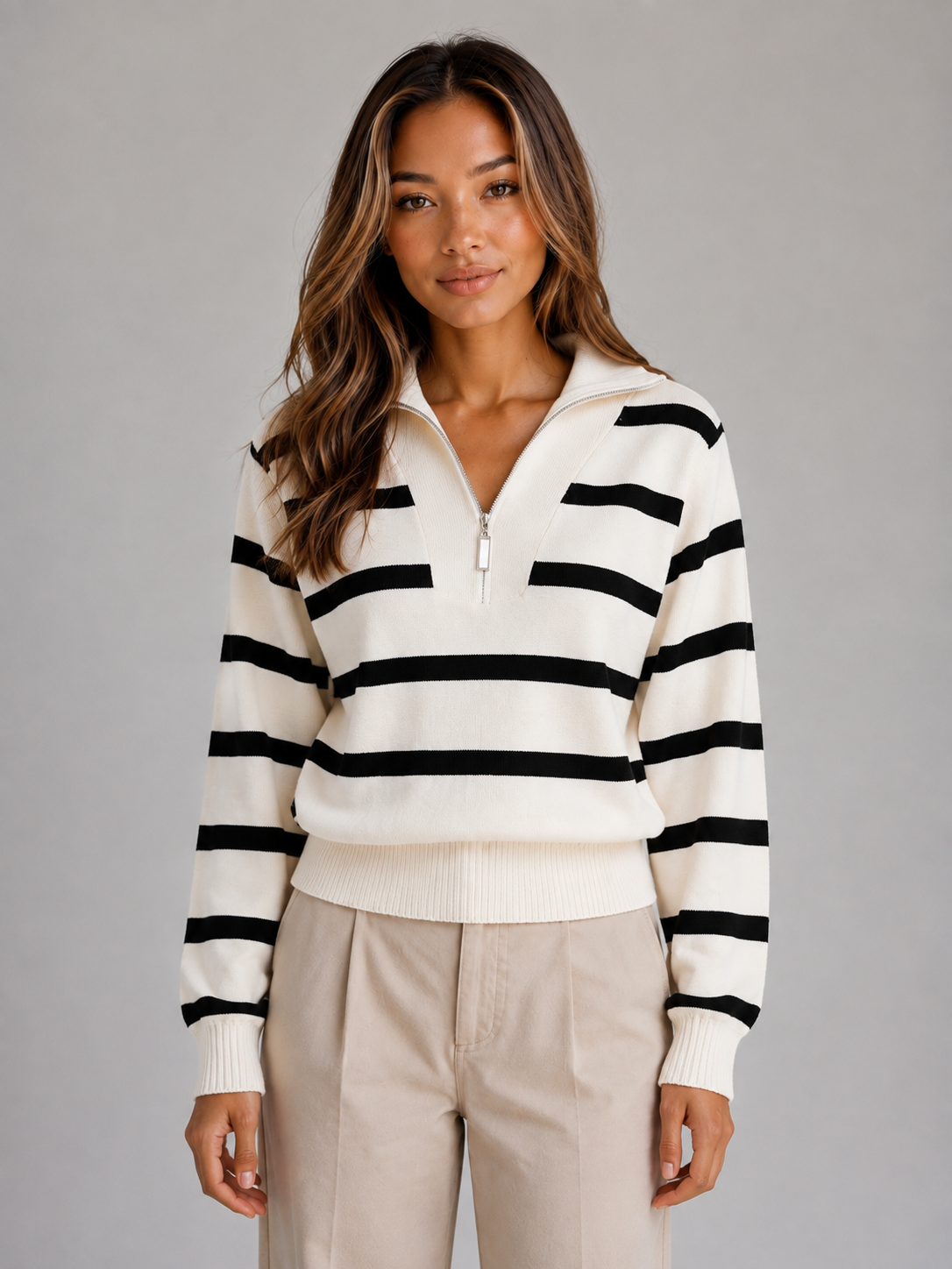 Women's Striped Half-Zip Collared Knit Sweater - Cream Stripe