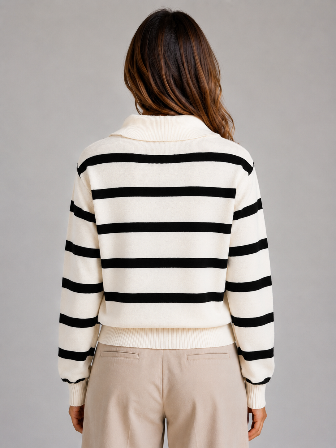 Women's Striped Half-Zip Collared Knit Sweater - Cream Stripe