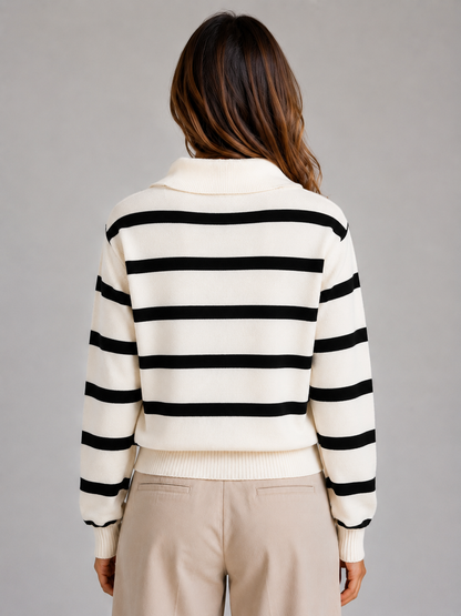 Women's Striped Half-Zip Collared Knit Sweater - Cream Stripe