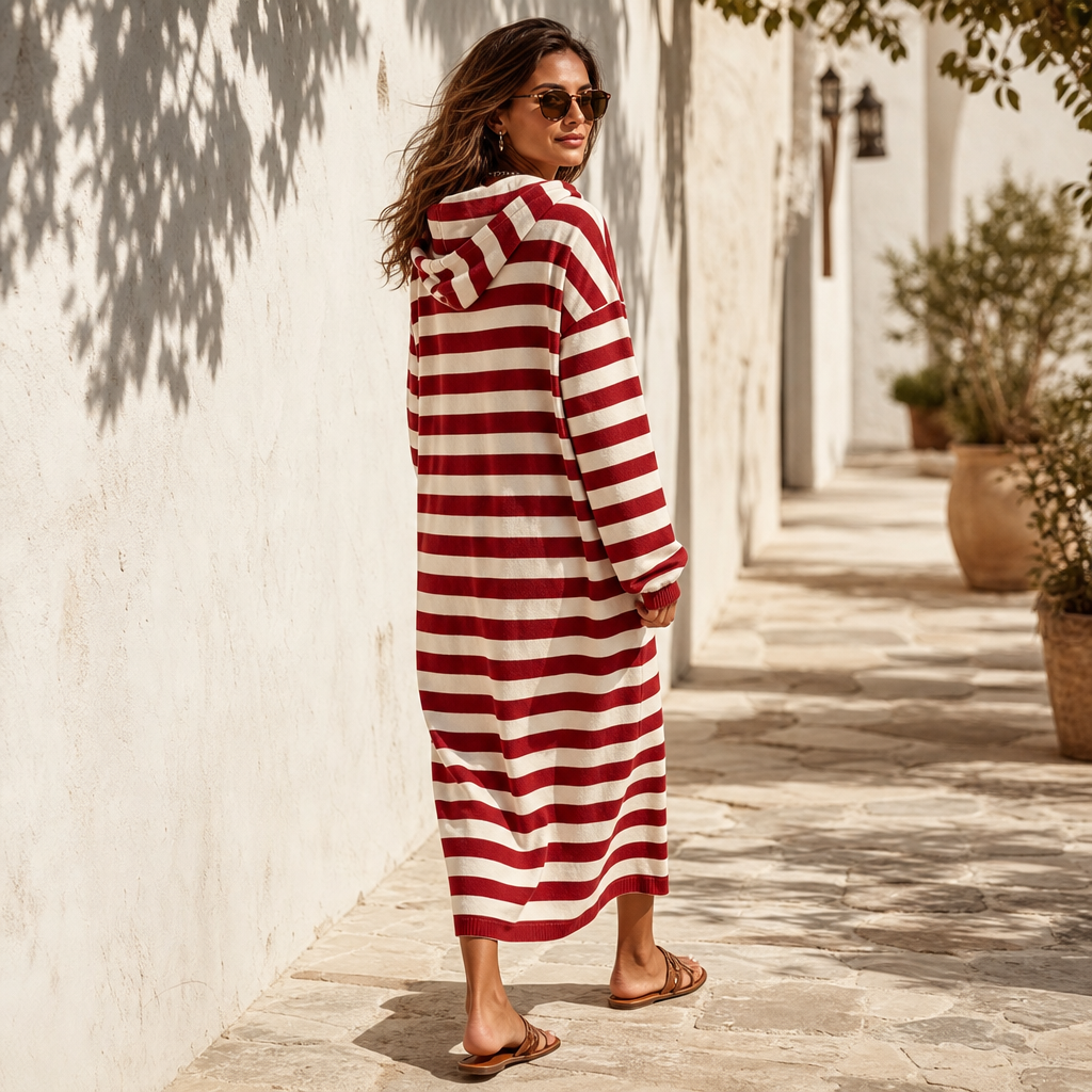 Women's Striped Hooded Maxi Dress - Red