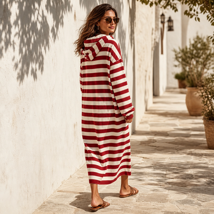 Women's Striped Hooded Maxi Dress - Red
