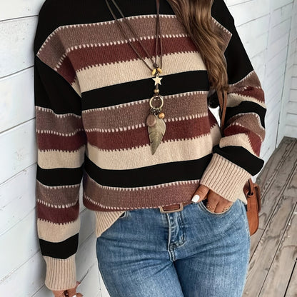 Women's Striped Round Neck Knit Sweater - Black and Burgundy Stripe