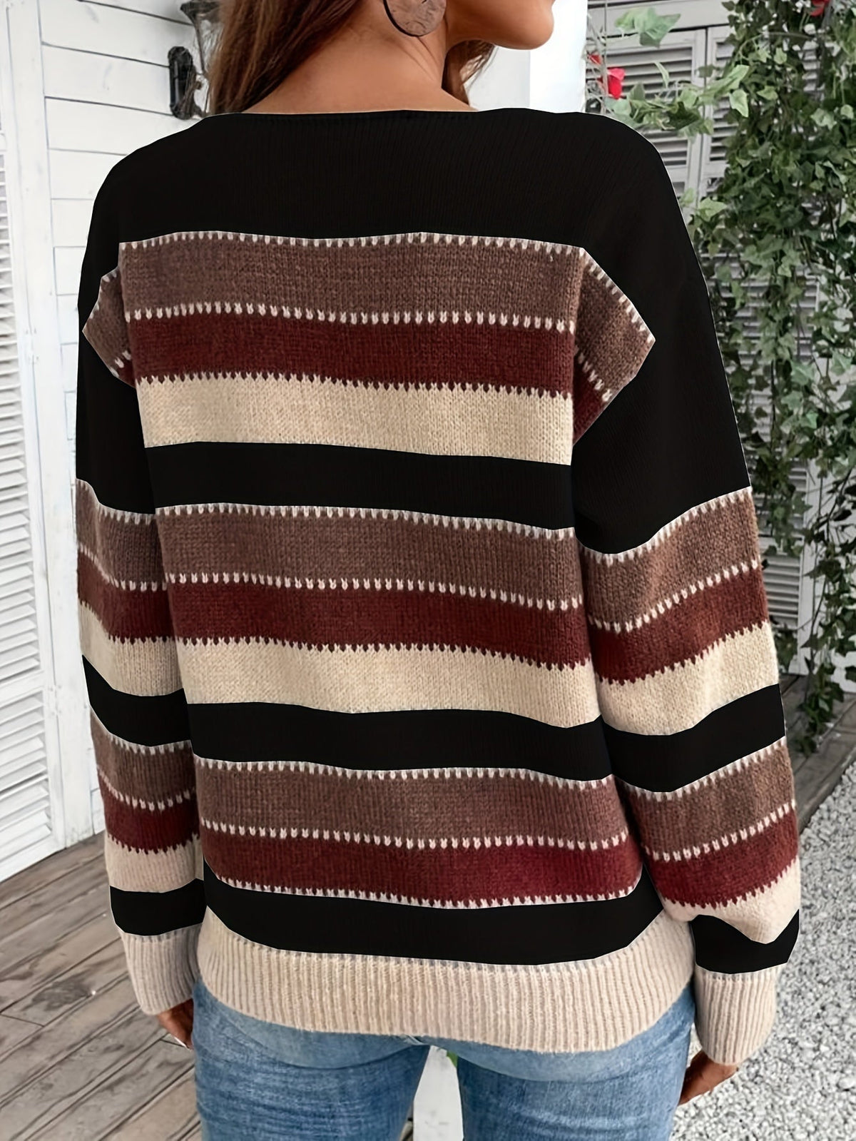 Women's Striped Round Neck Knit Sweater - Black and Burgundy Stripe