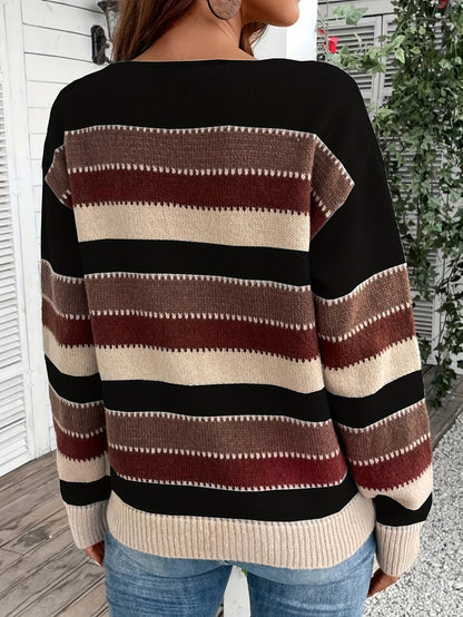 Women's Striped Round Neck Knit Sweater - Black and Burgundy Stripe