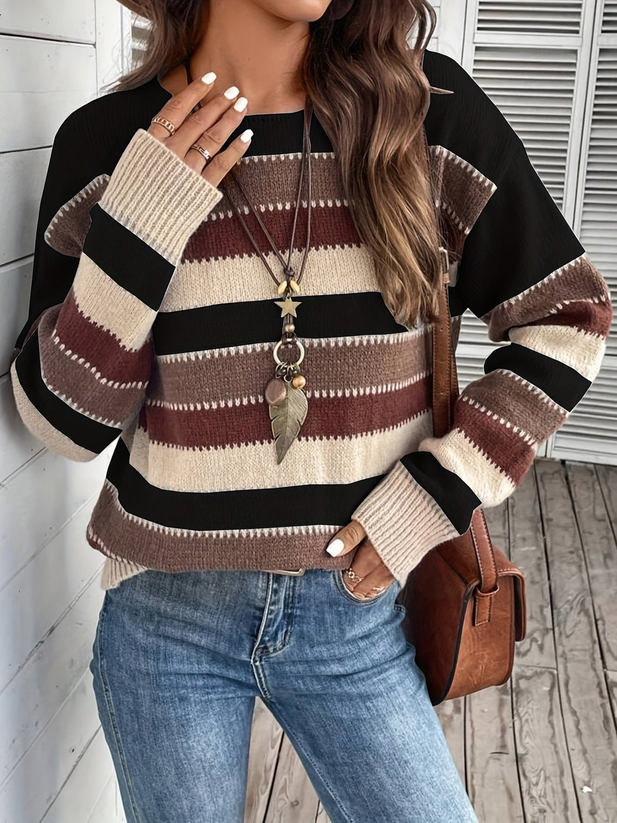 Women's Striped Round Neck Knit Sweater - Black and Burgundy Stripe