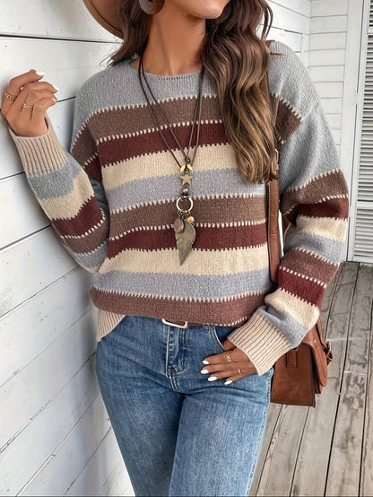Women's Striped Round Neck Knit Sweater - Gray and Brown Stripe