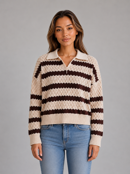 Women's Striped Polo Collar Textured Knit Sweater - Cream