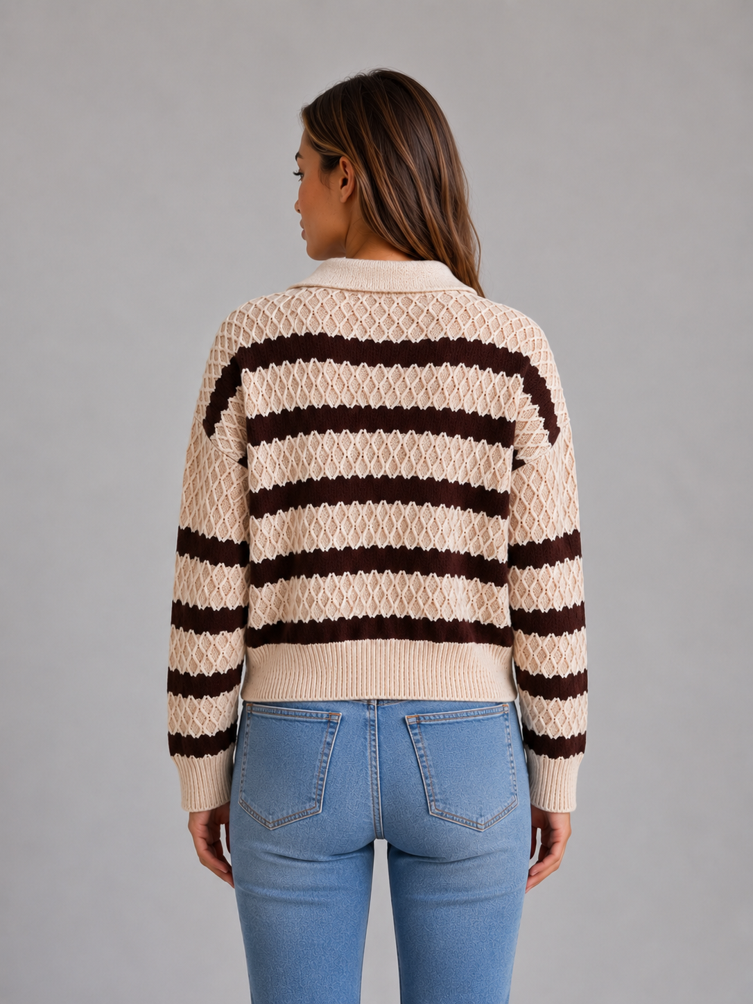 Women's Striped Polo Collar Textured Knit Sweater - Cream