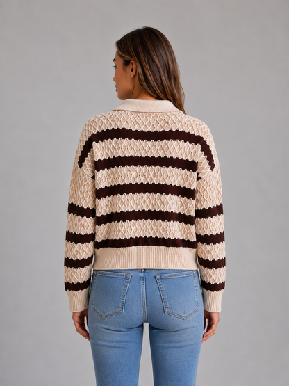 Women's Striped Polo Collar Textured Knit Sweater - Cream