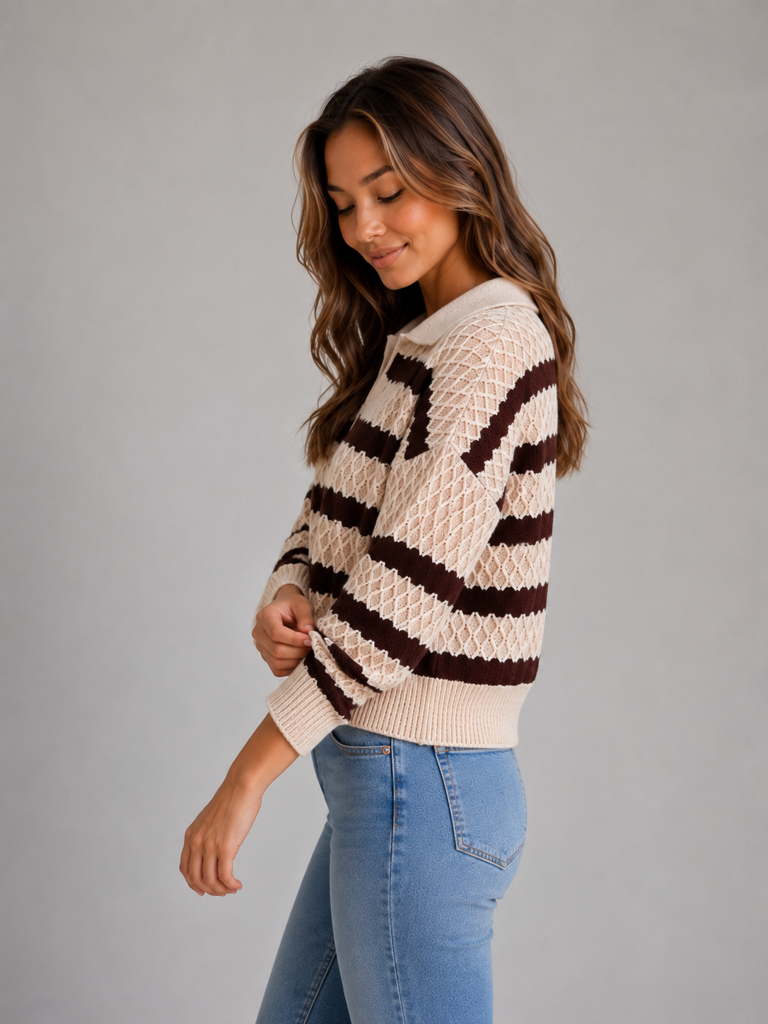 Women's Striped Polo Collar Textured Knit Sweater - Cream