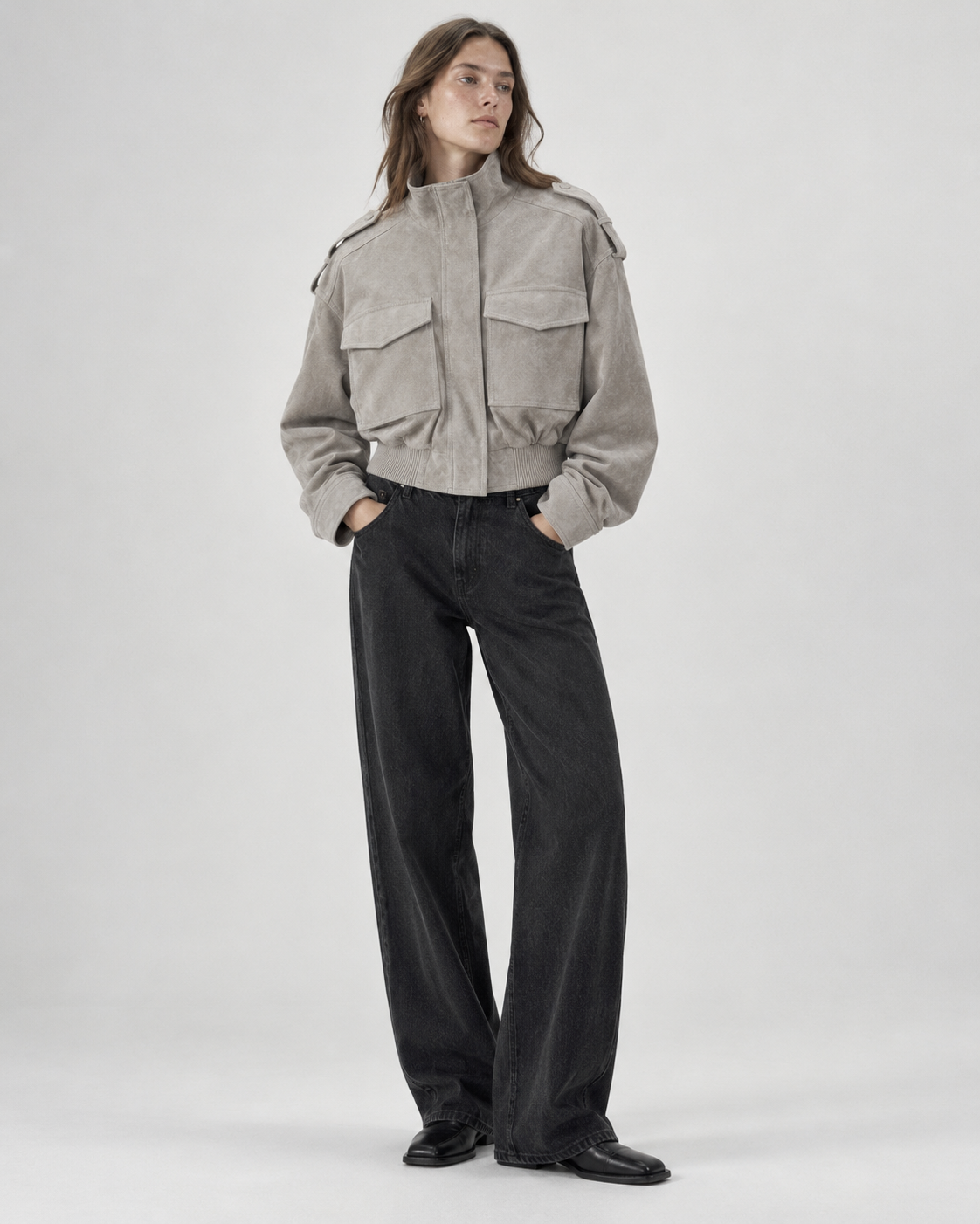 Women's Structured High-Neck Cropped Jacket - Taupe