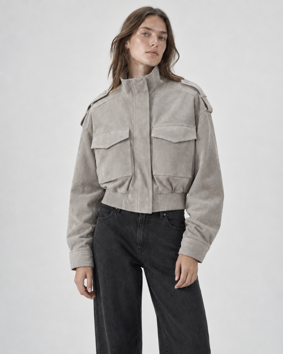 Women's Structured High-Neck Cropped Jacket - Taupe