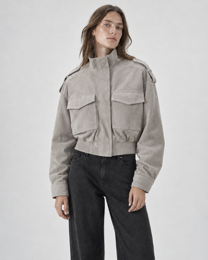 Women's Structured High-Neck Cropped Jacket - Taupe