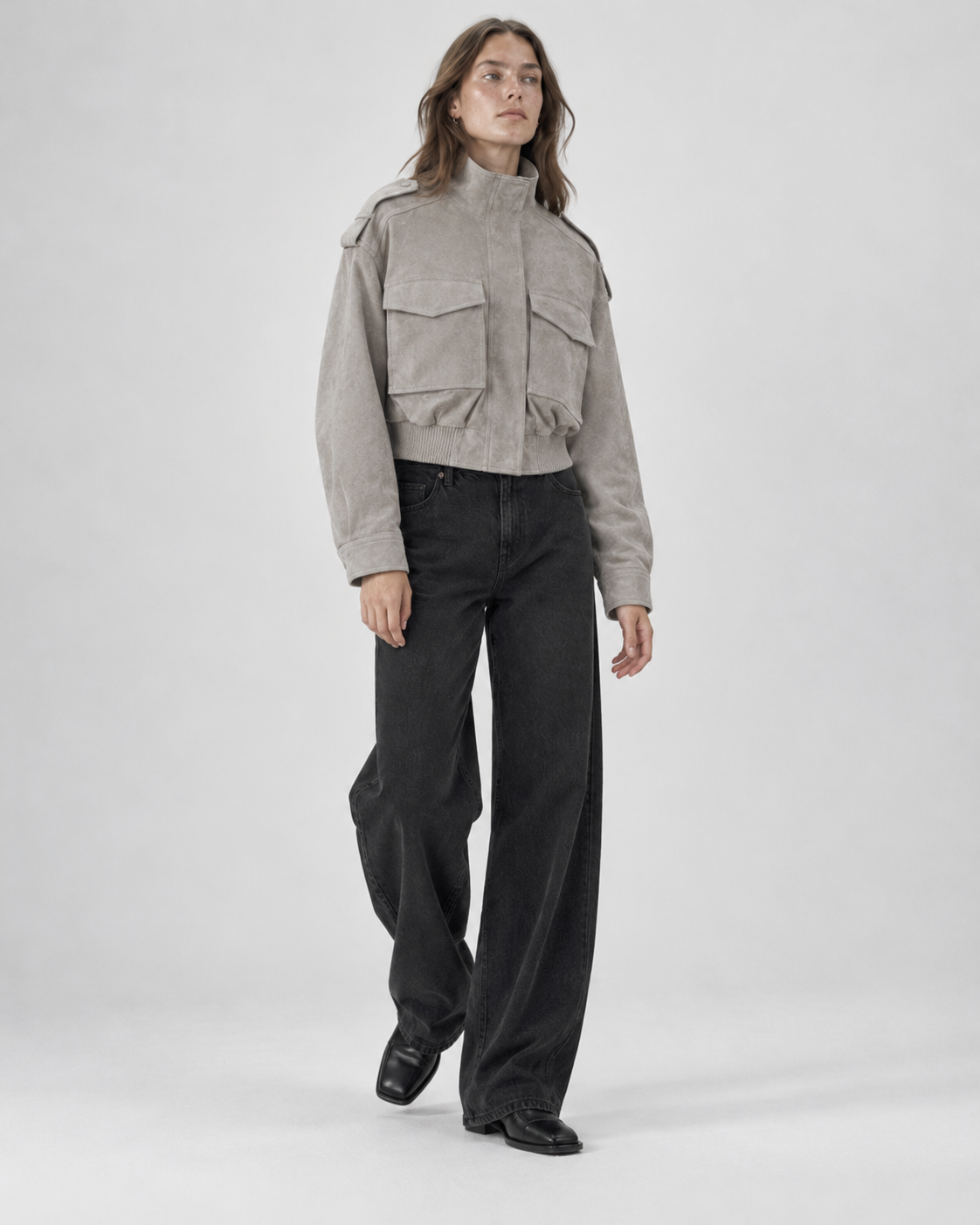 Women's Structured High-Neck Cropped Jacket - Taupe