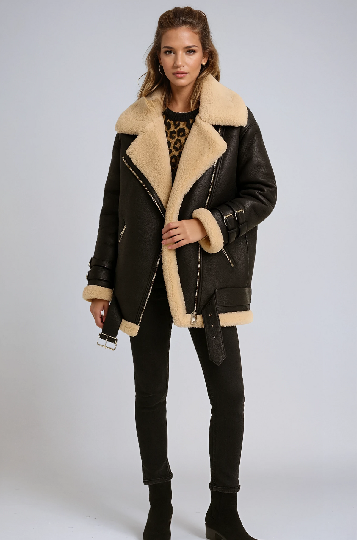 Women's Suede-Look Aviator Jacket - Black