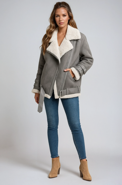 Women's Suede-Look Aviator Jacket - Gray