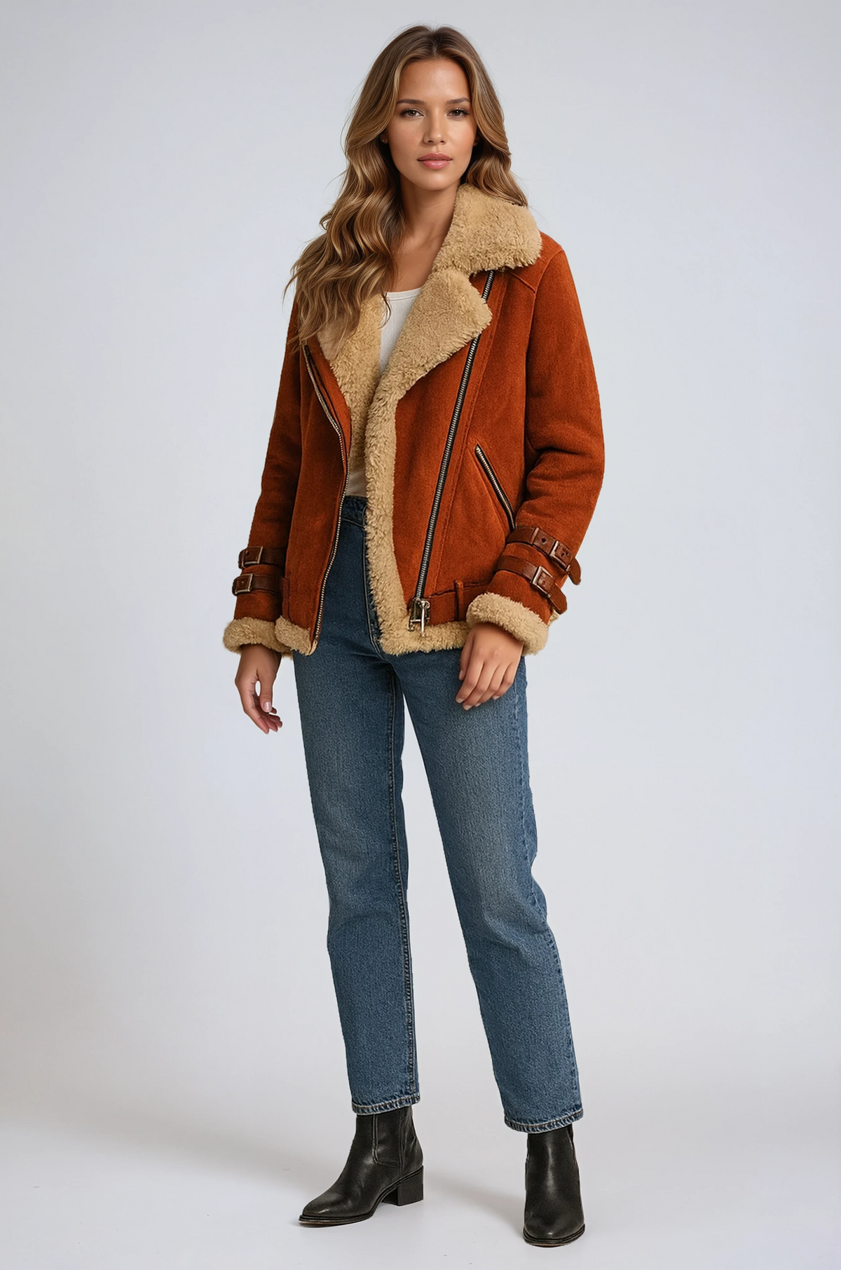 Women's Suede-Look Aviator Jacket - Rust
