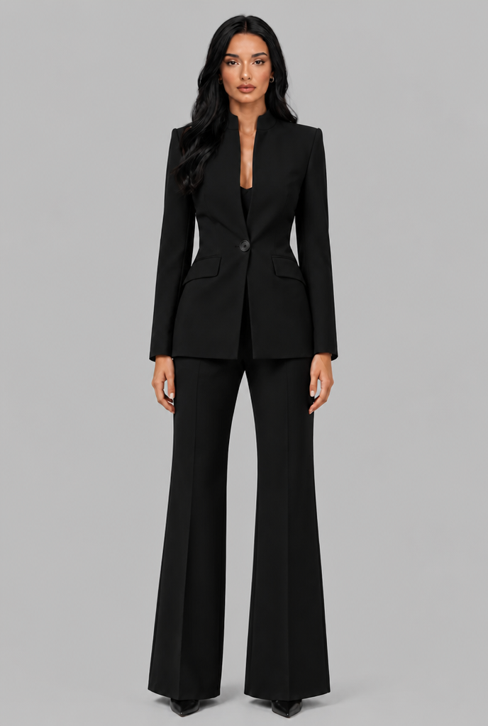 Women's Tailored Blazer Flared Pants Set - Black