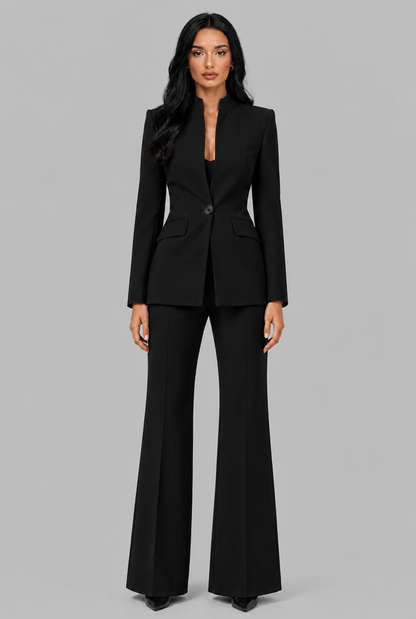 Women's Tailored Blazer Flared Pants Set - Black