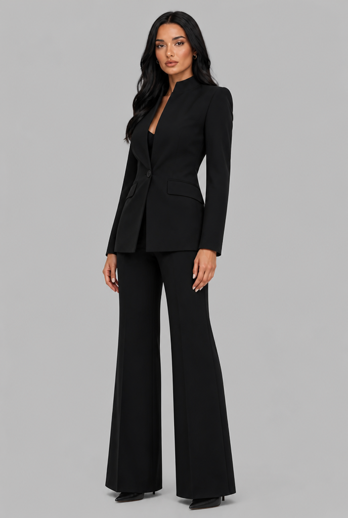 Women's Tailored Blazer Flared Pants Set - Black