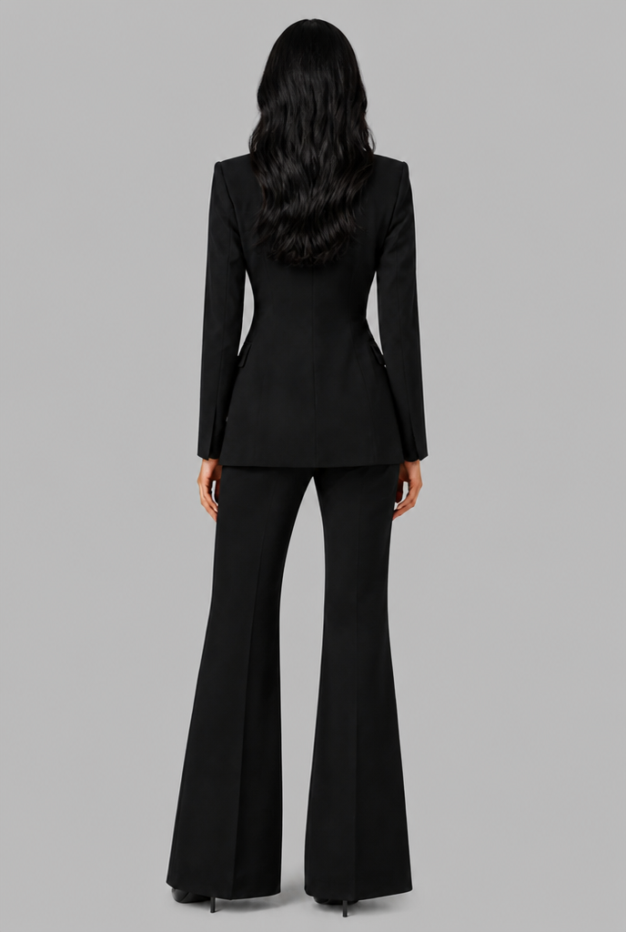 Women's Tailored Blazer Flared Pants Set - Black