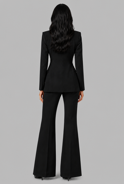 Women's Tailored Blazer Flared Pants Set - Black
