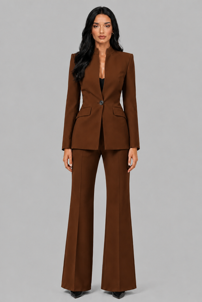 Women's Tailored Blazer Flared Pants Set - Brown