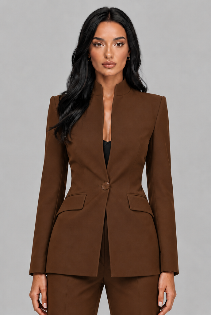 Women's Tailored Blazer Flared Pants Set - Brown
