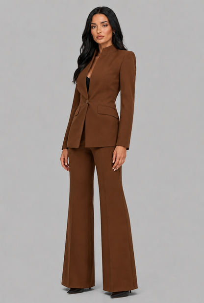 Women's Tailored Blazer Flared Pants Set - Brown