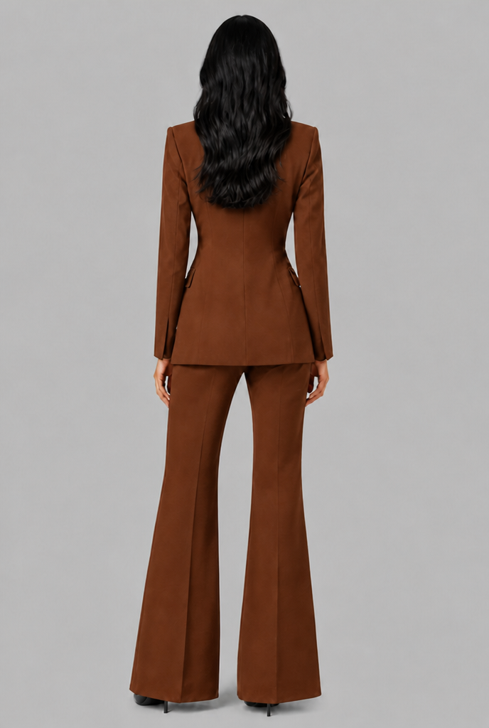 Women's Tailored Blazer Flared Pants Set - Brown