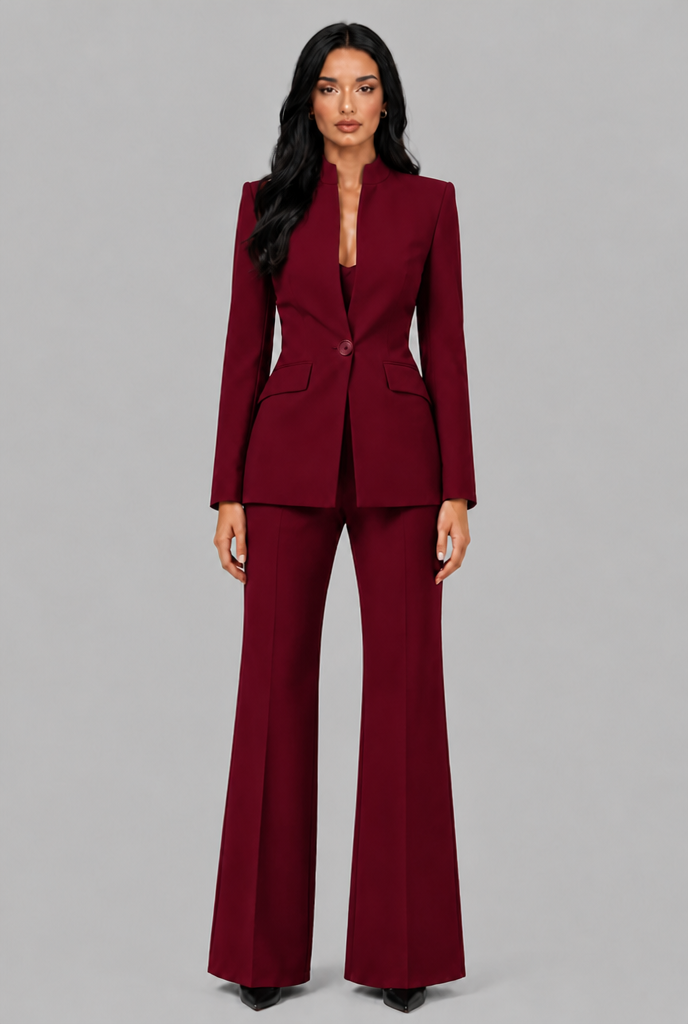 Women's Tailored Blazer Flared Pants Set - Burgundy