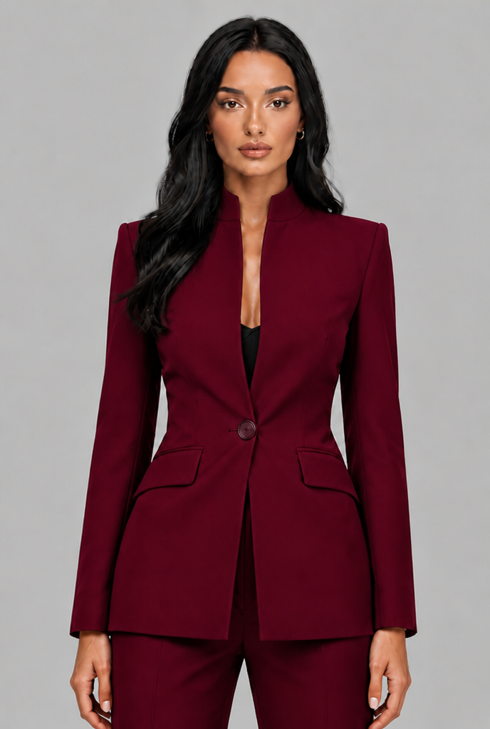 Women's Tailored Blazer Flared Pants Set - Burgundy