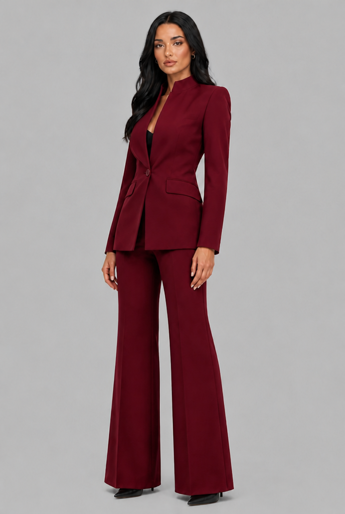 Women's Tailored Blazer Flared Pants Set - Burgundy
