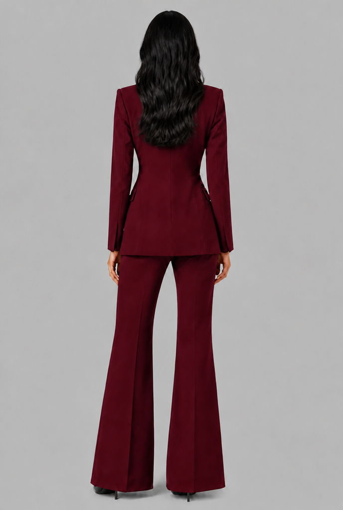 Women's Tailored Blazer Flared Pants Set - Burgundy