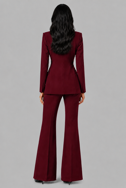 Women's Tailored Blazer Flared Pants Set - Burgundy