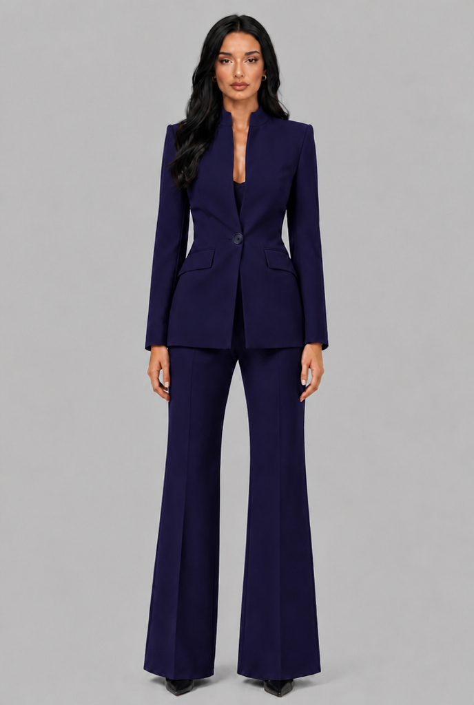 Women's Tailored Blazer Flared Pants Set - Navy