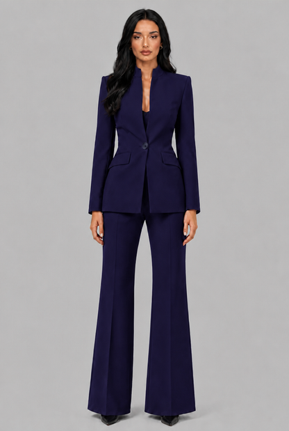 Women's Tailored Blazer Flared Pants Set - Navy
