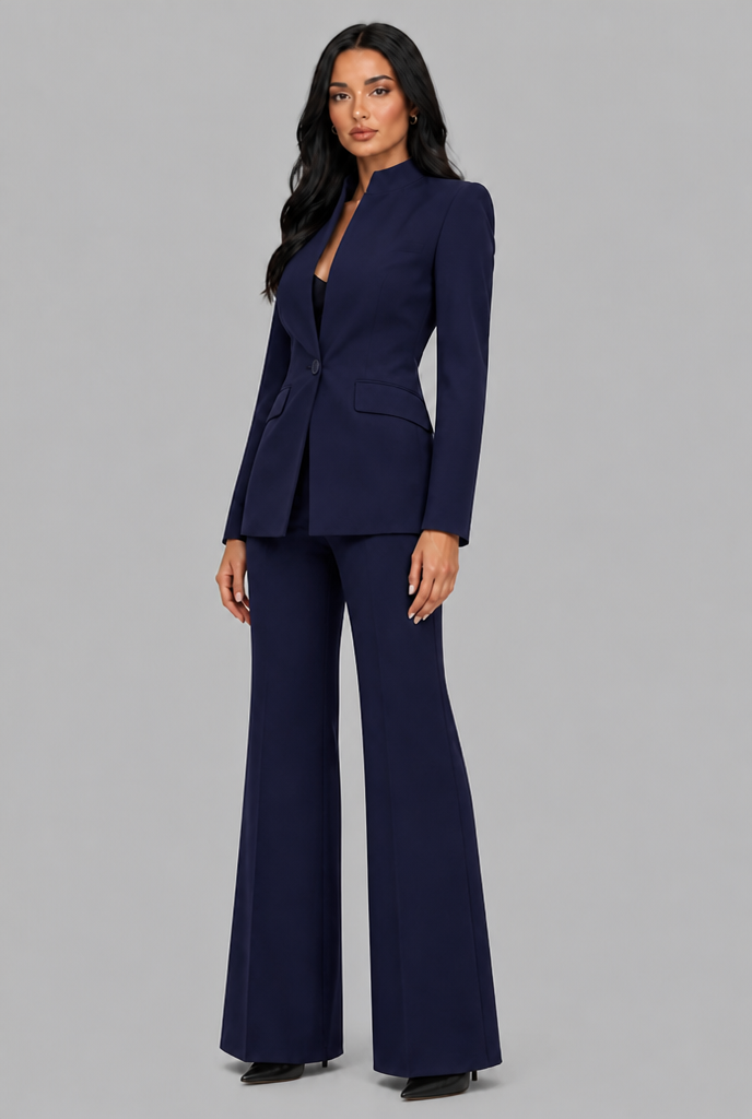 Women's Tailored Blazer Flared Pants Set - Navy