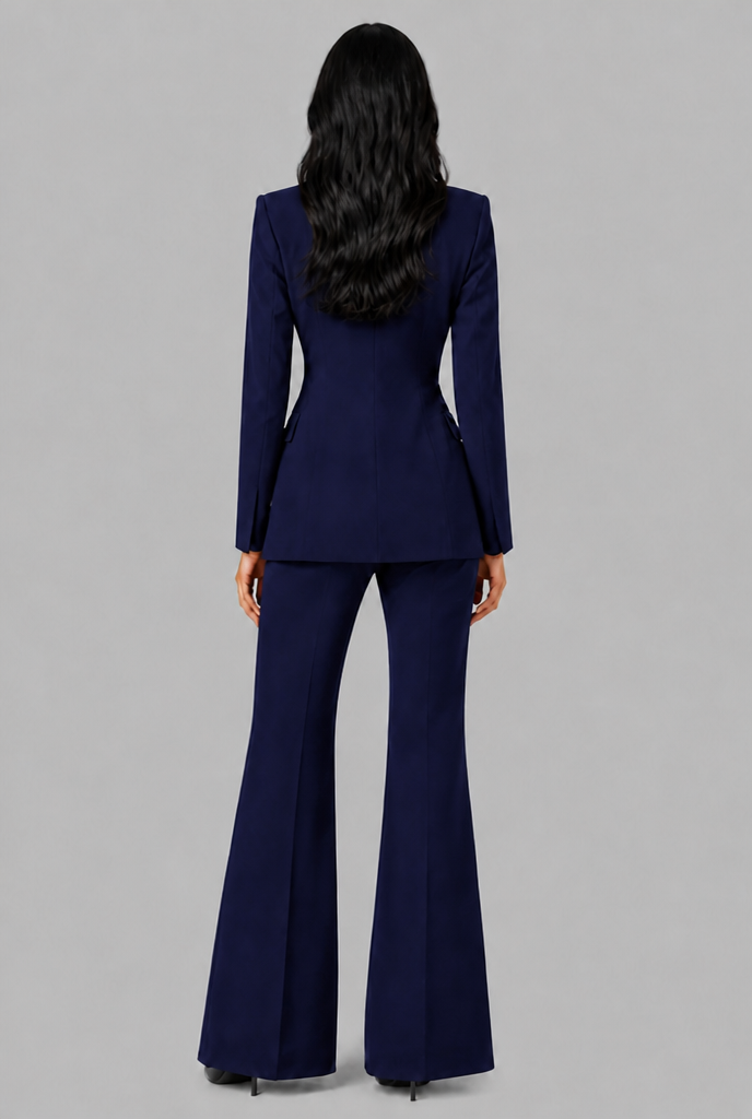 Women's Tailored Blazer Flared Pants Set - Navy