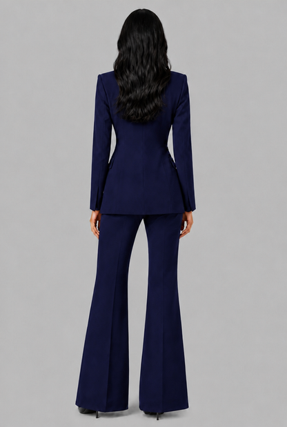 Women's Tailored Blazer Flared Pants Set - Navy