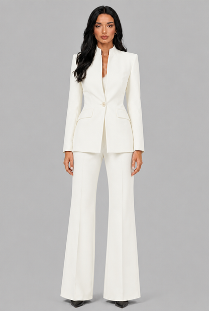 Women's Tailored Blazer Flared Pants Set - White