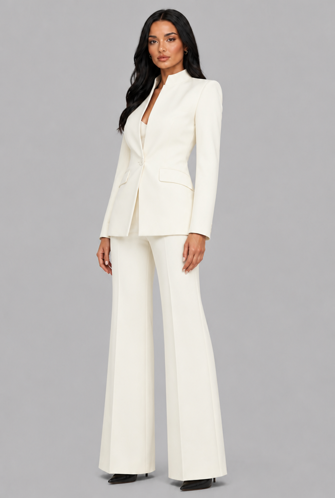Women's Tailored Blazer Flared Pants Set - White