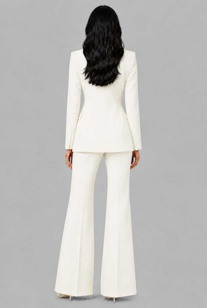 Women's Tailored Blazer Flared Pants Set - White