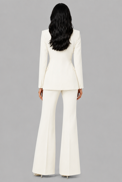 Women's Tailored Blazer Flared Pants Set - White