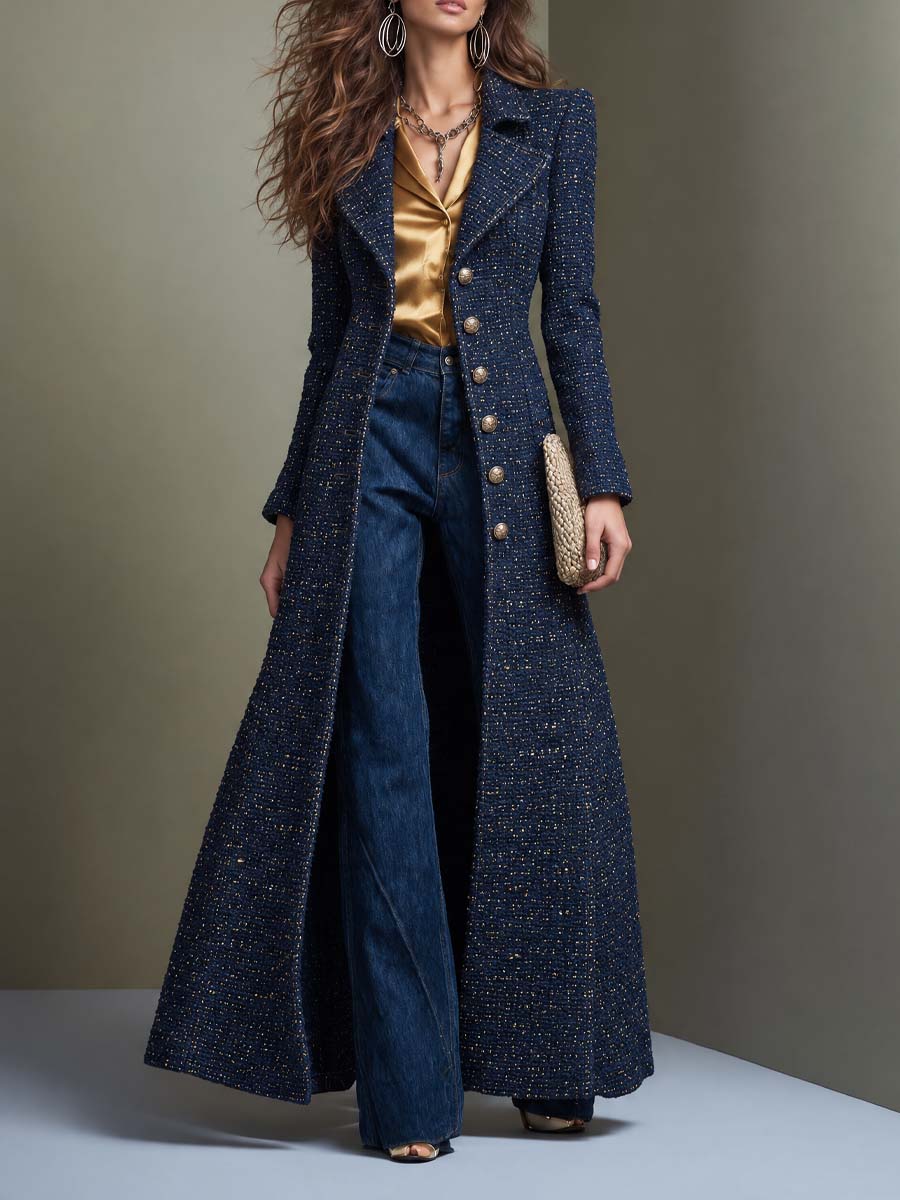 Women's Tailored Tweed Overcoat in a Maxi Coat Length - Navy