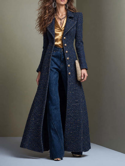 Women's Tailored Tweed Overcoat in a Maxi Coat Length - Navy